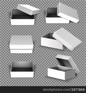 White empty square open box in different positions vector set. Carton square box, illustration of cardboard box open. White empty square open box in different positions vector set