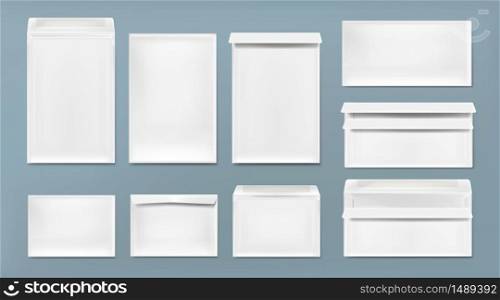 White envelope A4, DL and C6 template. Vector realistic mockup of blank closed and open envelopes, letter covers front and back view. Mock up of paper folder for business documents and messages. White envelope A4, DL and C6 template