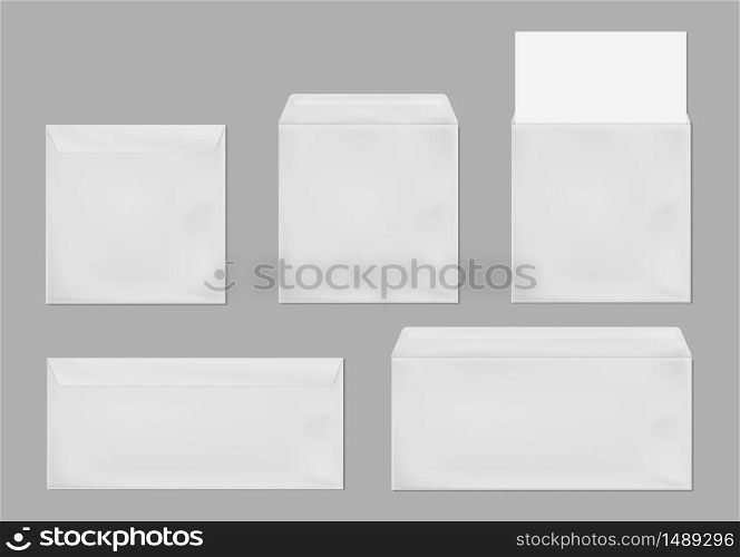 White envelope DL and square template. Vector realistic mockup of blank closed and open envelopes, letter cover with paper sheet. Mock up of paper folder for business documents and messages. Template of white square and standart envelope