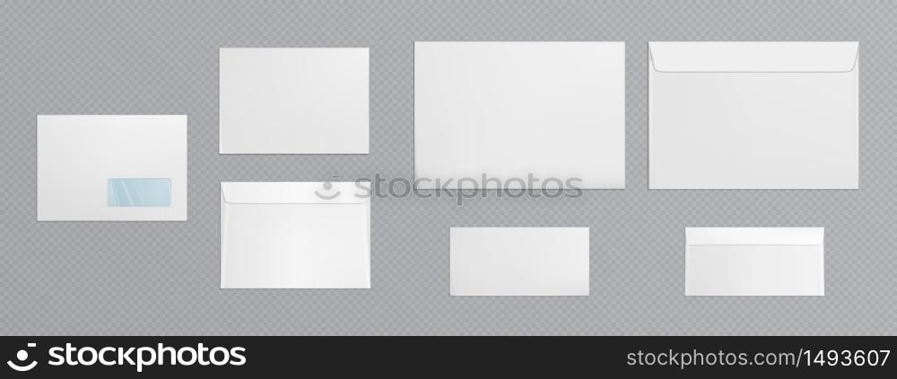 White envelope template. Vector realistic mockup of blank closed envelopes with transparent window, letter covers front and back view. Mock up of paper folder for business documents and messages. White envelope with transparent window