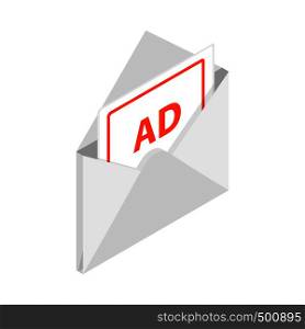 White envelope with card for advertising icon in isometric 3d style on a white background. White envelope with card for advertising icon