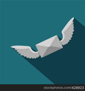 White envelope with two wings icon. Flat illustration of white envelope with two wings vector icon for web isolated on baby blue background. White envelope with two wings icon, flat style