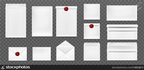 White envelopes with red wax seal. Vector realistic mockup of blank closed and open envelopes, letter covers front and back view. Mock up of paper folder with wax stamps. White envelopes with red wax seal