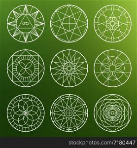 White esoteric geometric pentagrams. Spiritual sacred mystical vector symbols on blured background illustration. White esoteric geometric pentagrams. Spiritual sacred mystical vector symbols