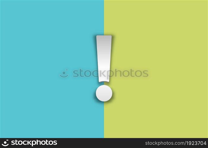 White exclamation mark on blue and green background, empty copy space.