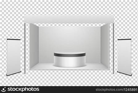 White exhibition booth. Blank exhibition stand with stage podium for presentations with roof for product promotion vector advertising standing template. White exhibition booth. Blank exhibition stand with stage podium for presentations with roof for product promotion vector template