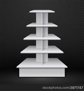 White exhibition stand with square shelves, retail advertising product display. Mock up rack shop to promotion supermarket, vector illustration. White exhibition stand with square shelves, retail advertising product display
