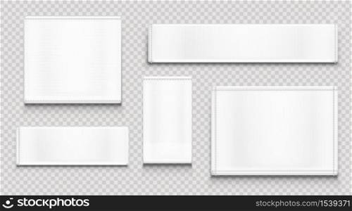 White fabric tags different shapes isolated on transparent background. Vector realistic mockup of blank cloth labels with stitches, cotton badge for textile, woven fashion sticker. White fabric tags, cloth labels different shapes
