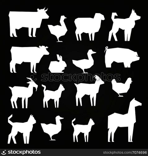 White farm animals silhouetes icons on black background. Vector illustration. White farm animals silhouetes icons on black background