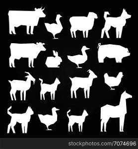 White farm animals silhouetes icons on black background. Vector illustration. White farm animals silhouetes icons on black background