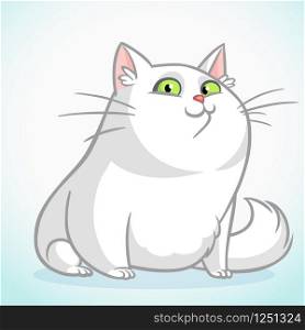 White fat cat with green eyes sitting. Vector cartoon cat illustration