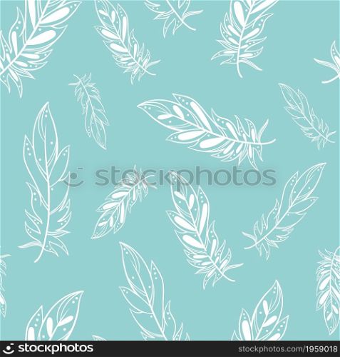 White feathers floating seamless pattern. Background with painted feathers on a delicate substrate. Template for wallpaper, packaging, fabric and product design, vector illustration. White feathers floating seamless pattern.