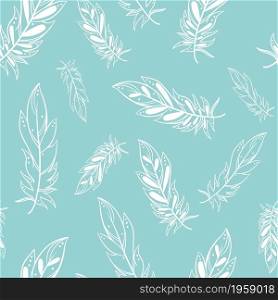 White feathers floating seamless pattern. Background with painted feathers on a delicate substrate. Template for wallpaper, packaging, fabric and product design, vector illustration. White feathers floating seamless pattern.