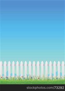 White Fence And Blue Sky. Illustration of a white fence with spring blue sky background