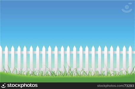 White Fence On Blue Sky Background. Illustration of a white fence inside garden landscape, with blades of grass at the foreground and blue sky behind.