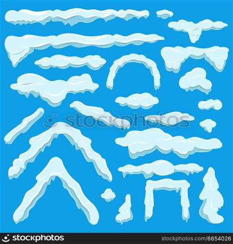 White figures made of ice or snow set in flat style on blue background. Round, triangular and rectangular frozen arches, straight and twisted lines from ice vector collection in cartoon design.. White Figures Made of Ice Set on Blue Background