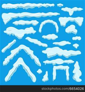 White figures made of ice or snow set in flat style on blue background. Round, triangular and rectangular frozen arches, straight and twisted lines from ice vector collection in cartoon design.. White Figures Made of Ice Set on Blue Background