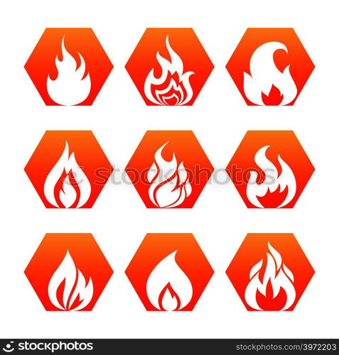 White fire flame on colorful backdrop - fire flame icons set vector. Collection of fire sign illustration. White fire flame on colorful backdrop - fire flame icons set vector