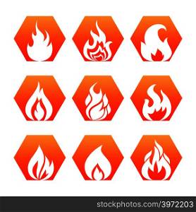White fire flame on colorful backdrop - fire flame icons set vector. Collection of fire sign illustration. White fire flame on colorful backdrop - fire flame icons set vector