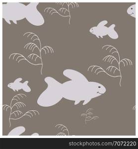 White fish and seaweed plants endless pattern. Simple vector seamless pattern. Isolated on grey background. . Endless pattern fish and sea plant.