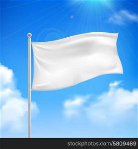 White flag blue sky background poster. White flag in the wind against the blue sky with white clouds background banner abstract vector illustration