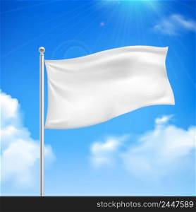 White flag in the wind against the blue sky with white clouds background banner abstract vector illustration. White flag blue sky background poster