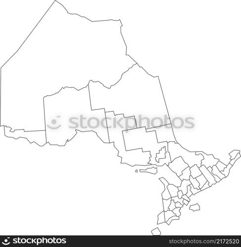 White flat blank vector administrative map of Canadian province of ONTARIO, CANADA with black border lines of its municipalities, counties and districts