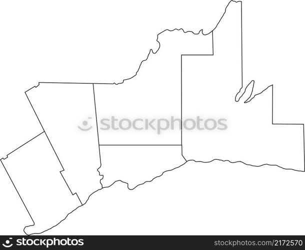 White flat blank vector administrative map of GREATER TORONTO AREA, ONTARIO, CANADA with black border lines of its regions