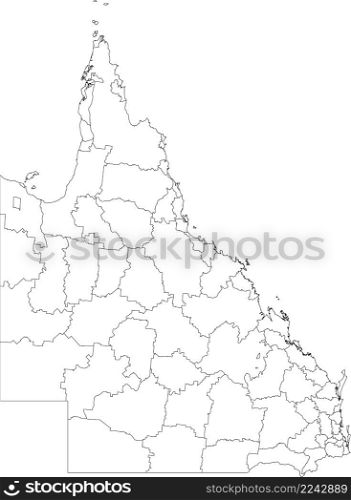 White flat blank vector administrative map of local government areas of the Australian state of QUEENSLAND, AUSTRALIA with black border lines of its areas