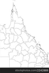 White flat blank vector administrative map of local government areas of the Australian state of QUEENSLAND, AUSTRALIA with black border lines of its areas