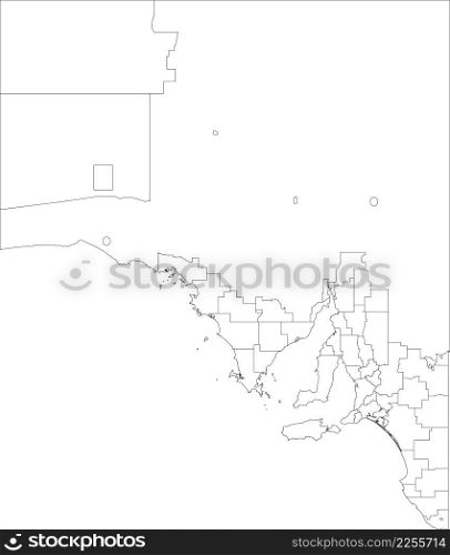 White flat blank vector administrative map of local government areas of the Australian state of SOUTH AUSTRALIA with black border lines of its areas