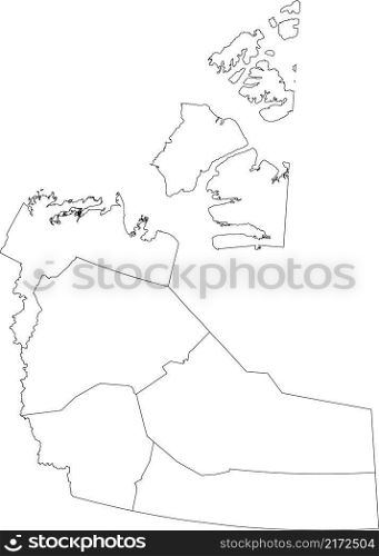 White flat blank vector administrative map of the regions of Canadian territory of NORTHWEST TERRITORIES, CANADA with black border lines of its regions