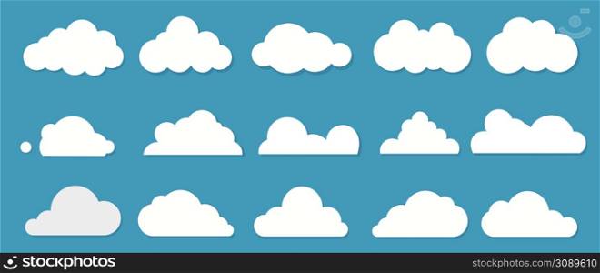 White flat clouds collection on the blue background. Vector collection.. White flat clouds collection on the blue background. Vector