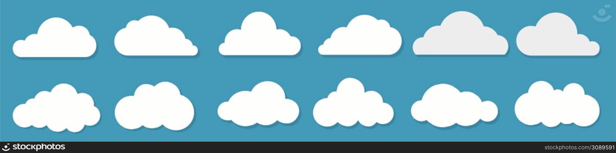 White flat clouds set on the blue background. Vector collection.. White flat clouds set on the blue background. Vector