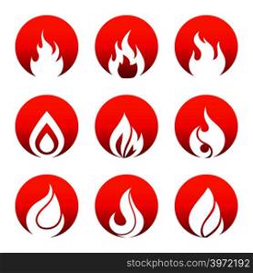 White flat fire icons in red rounds design. Collection of flame sings. Vector illustration. White flat fire icons in fire rounds design