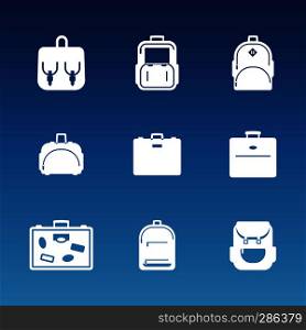White flat travel bag icons set. Luggage and handbag, backpack vector illustration. White flat travel bag icons set