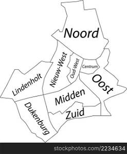 White flat vector administrative map of NIJMEGEN, NETHERLANDS with name tags and black border lines of its districts
