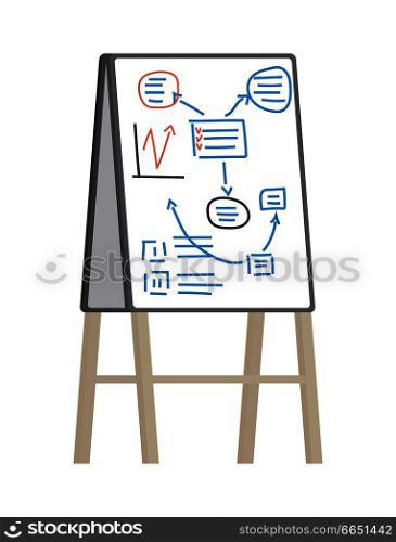 White flip chart with plan and statistics drawn by marker. Vector illustration of icon of office equipment isolated on white background. Office Flipchart With Plan Vector Illustration