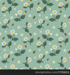 White flowers seamless pattern with ladybug on soft green background,design for fabric,textile,cover,print or wrapping paper,vector illustration