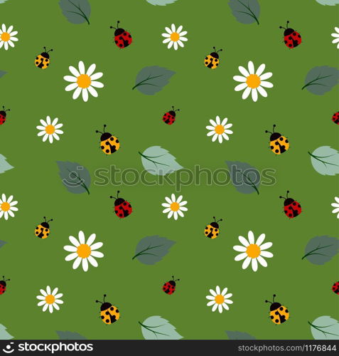 White flowers seamless repeat pattern with ladybug on green background,design for fabric,textile,cover,print or wrapping paper,vector illustration