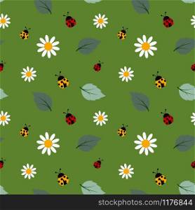 White flowers seamless repeat pattern with ladybug on green background,design for fabric,textile,cover,print or wrapping paper,vector illustration