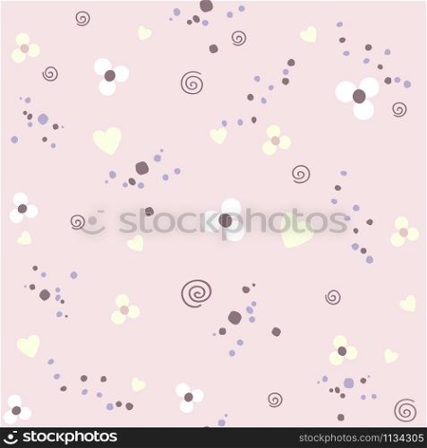White flowers, yellow hearts, spiral and drops on the pink background seamless pattern