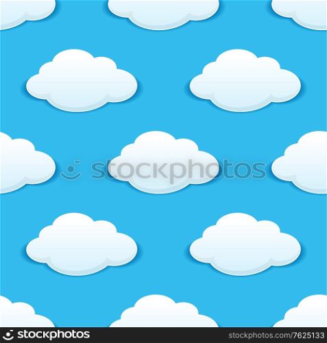 White fluffy clouds in a sunny blue summer sky seamless background pattern with repeat motifs in square format suitable for wallpaper, tiles and fabric design