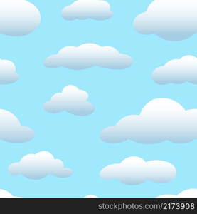 White fluffy clouds on a blue background seamless pattern. Tile cloudy vector illustration. Sky template for fabric, wallpaper, packaging and design. White fluffy clouds on a blue background seamless pattern
