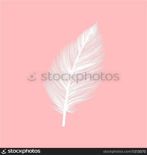 White fluffy feather, vector isolated realistic quill on pink background. Goose or swan bird feather symbol with detailed plumage texture, decoration element, softness symbol and light concept design. White fluffy feather quill on pink background