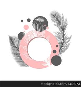 White fluffy feathers on pink circle frame, vector abstract background. Fluffy feathers and plumage quills and dots pattern wedding or birthday decoration modern simple minimal design elements. Fluffy feathers, abstract circle frame background