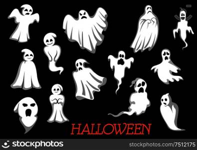 White flying Halloween monsters and ghosts isolated on background, for party invitation design. White flying Halloween monsters and ghosts