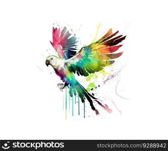 White flying parrot with watercolor rainbow wings. Vector illustration desing.