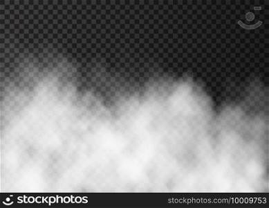 White fog isolated on dark transparent background.  Steam special effect.  Realistic  fire smoke  or mist  vector texture . 