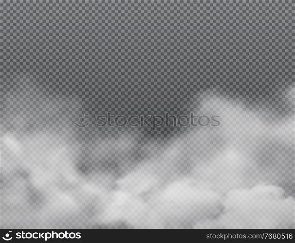 White fog or clouds on transparent background. Realistic vector fog, smoke, steam or mist clouds, smog, vapor or vapour. Foggy and smoky effect backdrop or border design, environment and weather. White fog or clouds on transparent background